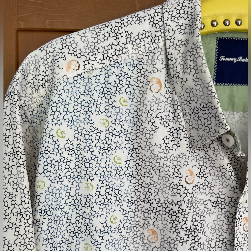 Tommy Bahama Men's Silk/Cotton Navy & White Print Relaxed Fit Shirt, XL
